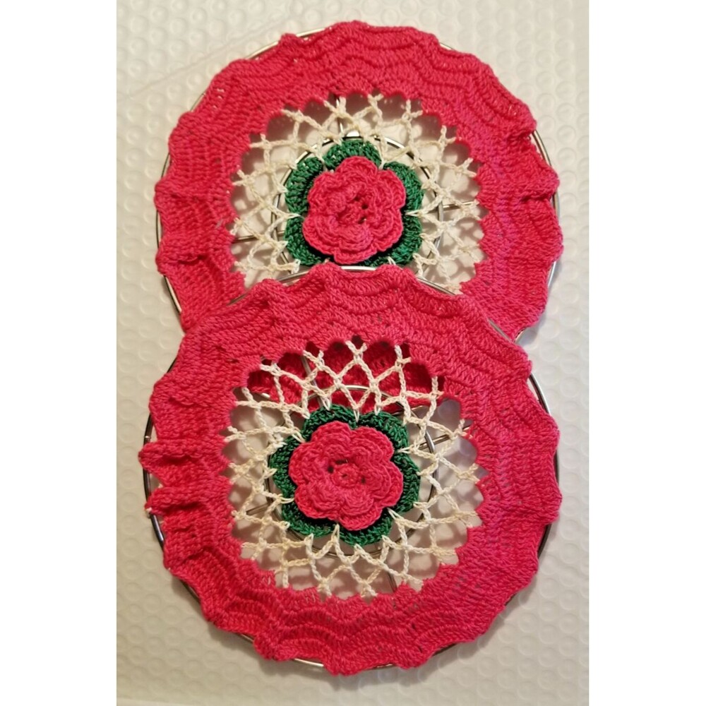 Vintage Crochet Floral Trivets Hot Pad Decor On Metal Frame Handcrafted Set of 2